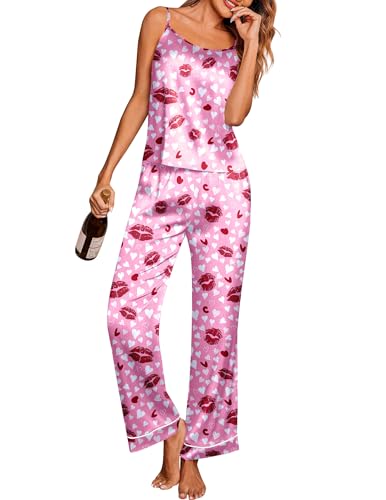 Image of Ekouaer Silk Pajamas for Women Set Tank Top Pj Sets 2 Piece Lounge Set | Satin Womens Pajama Sets Sexy Sleeveless Loungewear Long Pants Sleepwear Soft Cami Pjs Sets with Pocket S-XXL