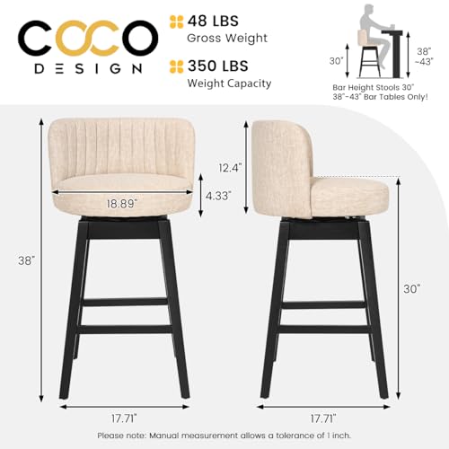 Image of COCO DESIGN Swivel Bar Stools Set of 6, 30 inch Bar Height Mid Century Modern Barstools with Back, Velvet Upholstered Seat and Solid Wood Legs, for Bar Kitchen Island, Cream Beige