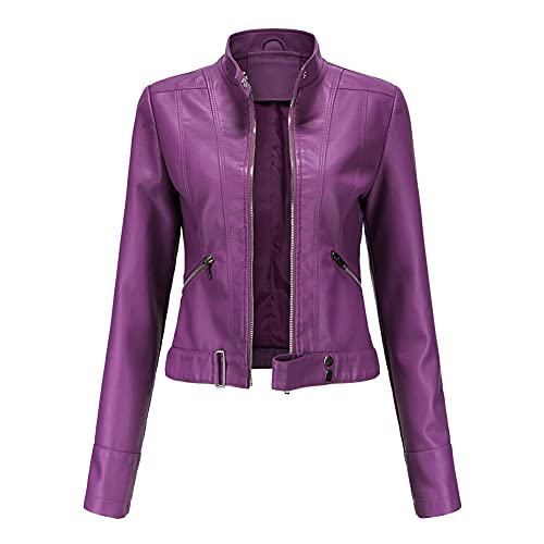 YFFUSHI Veste en Cuir Faux pour Femme à Col Montant Courte et à Manches Longues avec Fermeture Éclair - Style Moto Biker Violet Foncé L