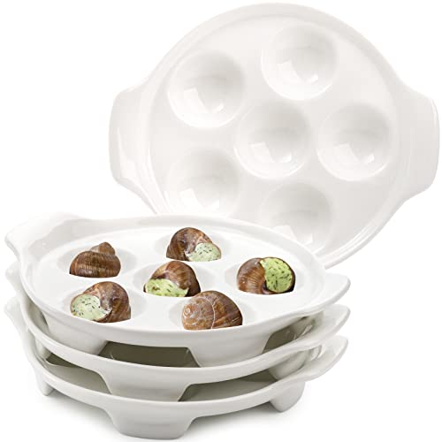 La Mejor Lista de Platos para caracoles los más solicitados. 48 Okllen - Paquete de 4 platos de cerámica con 6 agujeros y asas, platos de caracol de mariscos de 6.5 pulgadas, platos con patas de escargot, platos blancos para hornear, barbacoa...