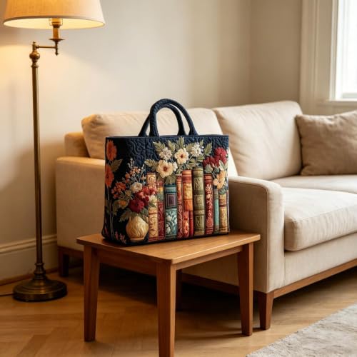 Vintage Books & Flowers Quilted Tote Bags for Women Bookish Womens Handbags - image 3