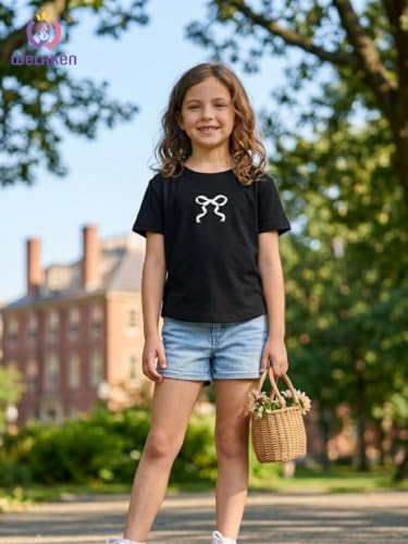 Image of WELAKEN Girls Soft T-Shirt with Curved Hem, Breathable Stretchy Rayon Crewneck Short Sleeve Tees, Kids Everyday Basic Top