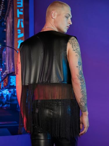 WDIRARA Men's PU Fringe Sleeveless Vest Tassel Faux Leather Open Front Disco Club Jacket Cardigan2