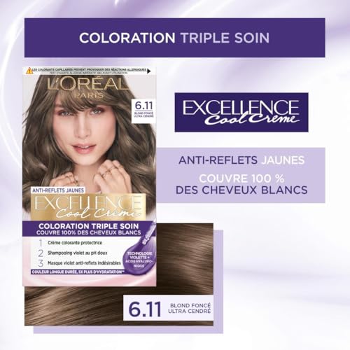 Coloration 6.11 Blond Ultra Cendré Triple Soin Anti reflets Jaunes Excellence 'oreal Paris La Boîte - vue 5