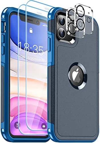 SUPFINE 5 in 1 for iPhone 11 Case, [10 FT Military Dropproof] [2+Tempered Glass Screen, 2+Tempered Camera Lens Protector] Non-Slip Heavy Duty Shockproof Phone Case,Black
