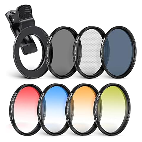 NEEWER 67 mm ND+CPL + Effect Filter Set with Mobile Phone Lens Clamp, ND32/Polarising/6 Point Star/4 Graduated Colour Filters Cover