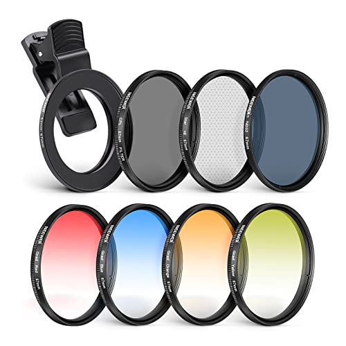 NEEWER 67 mm ND+CPL + Effect Filter Set with Mobile Phone Lens Clamp, ND32/Polarising/6 Point Star/4 Graduated Colour Filters Compatible with 16 15 14 Pro Max Plus 13 12 X Xs Samsung