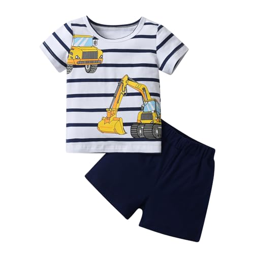 Swicedly - Infant Baby Boy Summer Clothes Toddler Short Sleeve Excavator Stripes Print T-Shirt Tops Shorts Set Outfits 6-9 Months