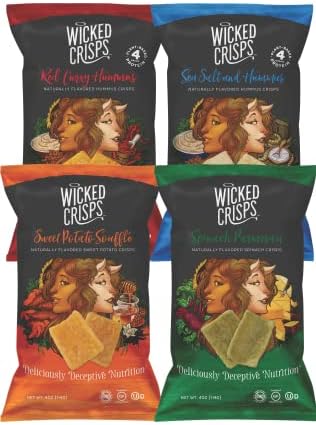Baked Veggie Chips, Wicked Crisps, Variety Pack, Healthy Snack, Gluten-free, Low-fat, Non-GMO, Kosher, Crunchy Gourmet Savory Crisps, No Additives or Preservatives, 4oz bag, (4 pack)