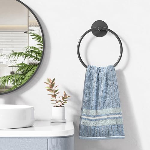 Image of Matte Black Bathroom Towel Ring - SUS304 Stainless Steel Bathroom Towel Rack, Susswiff Adhesive Wall Mounted Hand Towels Holder, Towel Hanger for Bathroom Organizer, Kitchen Storage
