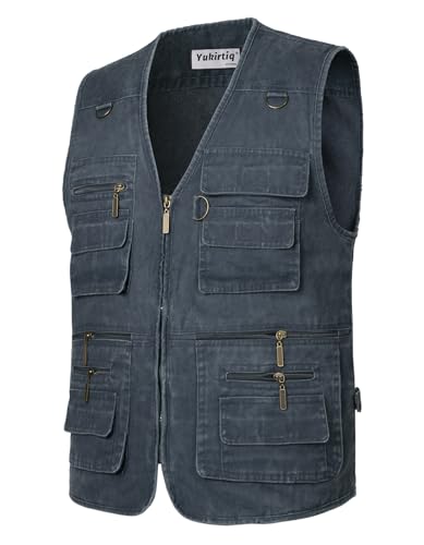 Yukirtiq Herren Angeln Weste ärmellos Freizeit Jagd Herrenwesten Sommer Trekking Wander Weste Reporterwesten Safari Weste mit Vielen Taschen, Blau, 3XL