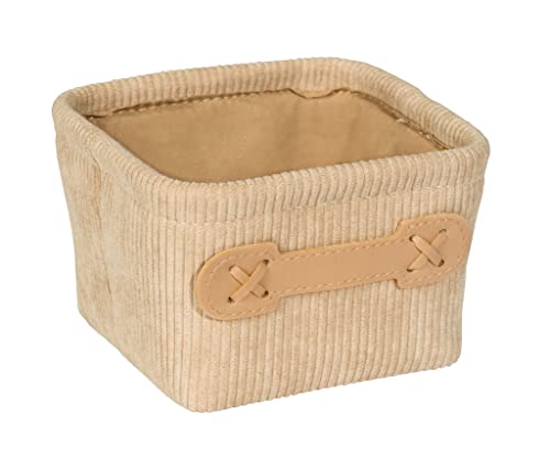 WENKO Panier de salle de bain Anela Square, panier en velours côtelé doux pour ranger les accessoires de salle de bain, 100 % polyester, avec une petite poignée en similicuir, 14 x 9 x 14 cm, beige