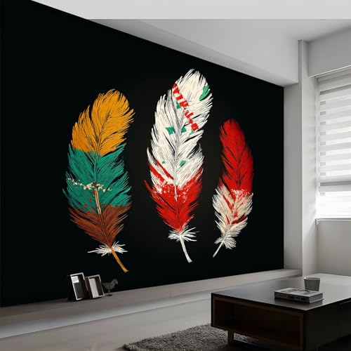 Papel Pintado Mural Estilo Moderno 250An x 175Al cm, Decoración de Pared Fotográfica Bohemio Plumas Rayas para Salón Dormitorio Oficina Habitación Infantil - Poster Mural Fácil de Instalar