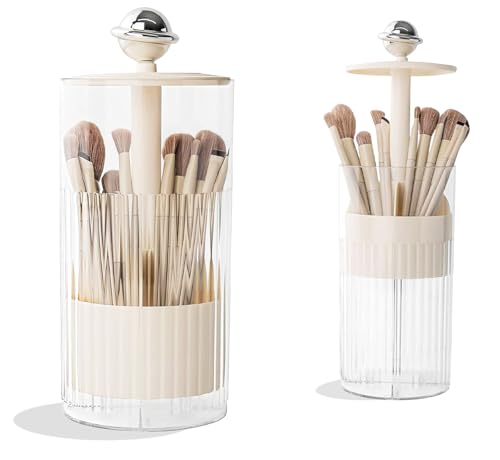 Leopacat Organizador Porta Brochas de Maquillaje,Makeup Organizer Press Pop con Tapa Antipolvo y 4 Ranuras,Contenedor Versátil para Cosméticos para Tocador de Baño,Encimera 10,5 x 10,5 x 25 cm