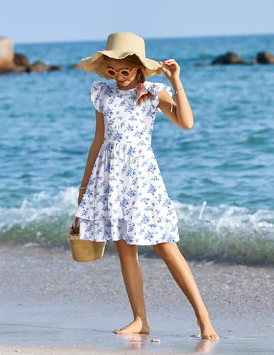 Image of Arshiner Girls Dresses Flutter Sleeve A-Line Sundress Casual Summer Tiered Swing Midi Pocket Dress