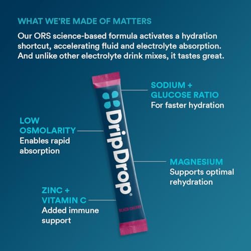 Image of DripDrop Hydration Packets - Sunburst Variety Pack - Single Serve Electrolytes Powder Drink Mix - Lemon Lime, Strawberry, Peach, Black Cherry - Non-GMO, Gluten Free, Vegan - 16 Sticks