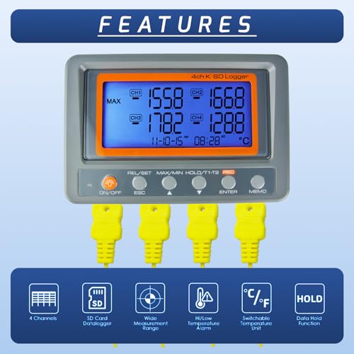 Digitales 4-Kanal-Thermoelement-Thermometer, Temperaturrekorder, Datenlogger, Mehrkanal-K-Typ-Thermometer, Thermoelement-Lesegerät mit 8 GB SD-Karte, 2 Perlentyp-K-Thermoelementsonde