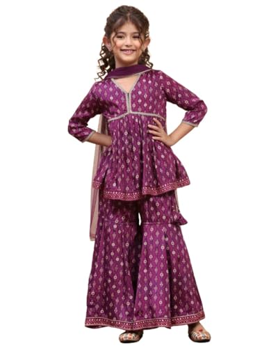 Girls Printed Rayon Slub Kurta with Sharara Set for Kids | Lace W...