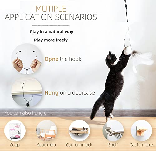 Lekewpet Retractable Cat Feather Toys, 8Pcs Feather Replacements With Bell, Interactive Doorway Hanging Teaser Cat Toys For Indoor Cats. Kitten Play Pompom & Feather Teaser. #TOP3