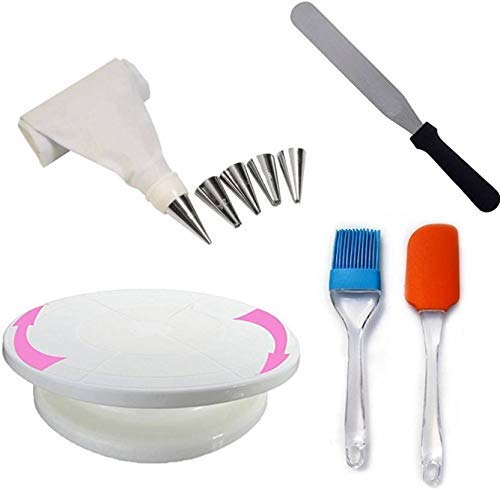 ikis - Plastic Bakeware Combo Set Cake Turn Table, Reusable Icing Bag, Nozzles, Icing Smoothing Spatula, Silicon Spatula and Brush Kitchen Tool Set, Multicolour