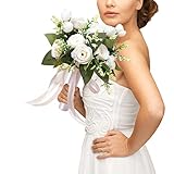 ❂【Diseño de mango antideslizante】 La novia que sostiene flores no solo puede proporcionar una mano suave y cómoda, sino que también aumenta la fricción, no se cae fácilmente y no dañará la piel. Su asa está envuelta con una cinta, lo que la hace perfecta para que la sujeten las novias.