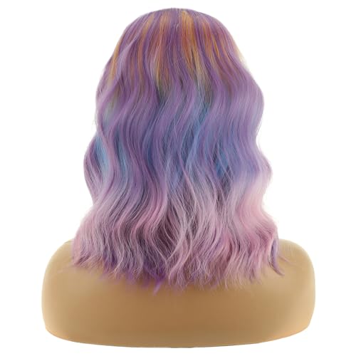 Image of BERON Women Colorful and Purple Short Wave Wig for Girls Light Purple Shoulder Length Heat Resistant Synthetic Wig for Cosplay Costume Party or Daily