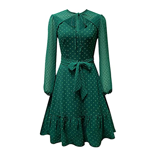 Vestido de Volantes Vintage con Cordones para Mujer Elegantis Cuello V Manga Larga Banquete Fiesta Festivo Cóctel Rockabilly Verano Vestido Plisado Green XXL Cover