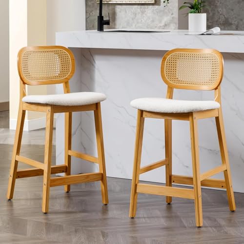 chairus Rotin Tabourets de Bar Lot de 2 en Fausse Fourrure Chaises Bar Cuisine Chaise Haute pour Bar Bistro avec Structure en Bois Massif (Beige-2)