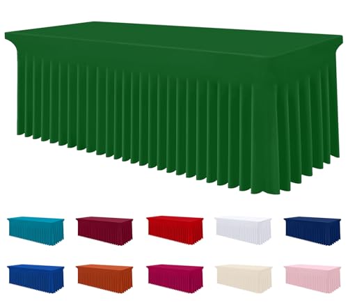 Image of Smiry Spandex Elastic Fitted Table Cloth Skirt for 8FT Rectangle Table | Stretch Washable Table Cloth, Banquet Table Cover for Wedding, Party, Indoor & Trade Shows, (Emerald Green, 96Lx30Wx30H)
