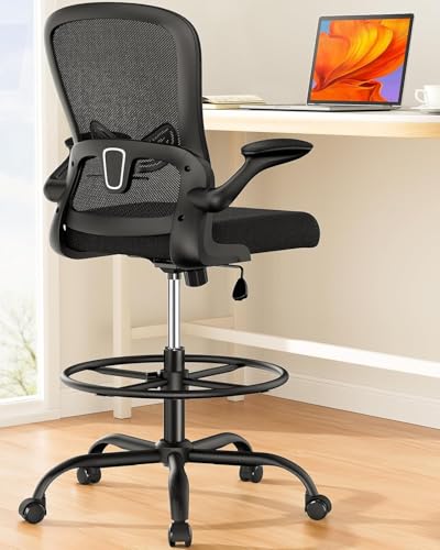 ErGear Drafting Chair, Standing Desk Chair with Flip-Up Armrests, High Desk Chair Adjustable Height, Ergonomic Tall Office Chair with Lumbar Support and Adjustable Footrest Ring