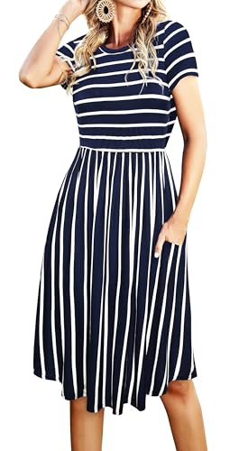 Image of Simier Fariry Womens Summer Modest Work Casual Midi Knee Dress Pocket Short Sleeve Teacher Outfits Spring Travel Clothes