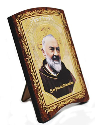Ideale in qualsiasi ambiente KUSTOM ART Cucuba Quadretto Padre Pio Con Schienalino Tipo Portafoto Stampa Laser Su Legno Con Inserti Ornamento Oro a Caldo 8.5x7 cm