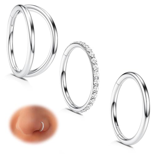 WBRWP Nose Rings Hoops for Women: 316L Surgical Steel Double Hoop Nose Rings Hinged CZ Septum Clicker Conch Cartilage Helix Rook Tragus Daith Earring Hoops Piercing Jewelry