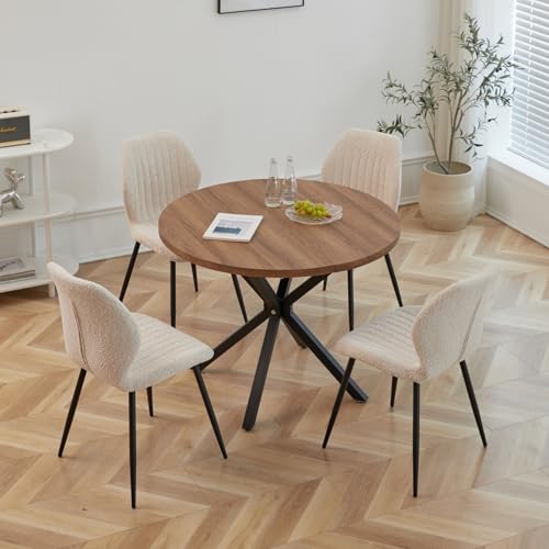 GrandCA HOME Set Tavolo e Sedie da Pranzo, Tavolo da Pranzo Rotondo da 100 CM e 4 Sedie Moderne in Lino, per Sala da Pranzo, Cucina, Soggiorno, Buio + Cachi