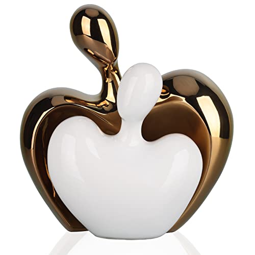 DOVDOV Keramik Liebesstatue Männliches und weibliches Paar umarmt Skulptur Weiß und Gold Home Decor Hochzeit für Eltern Liebesschild Figuren auf dem Regal im Wohnzimmer 2-teiliges Set
