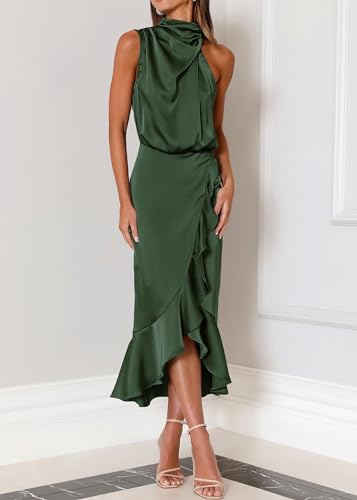 Image of KIRUNDO Women's Summer Satin Mock Neck Wedding Guest Dress