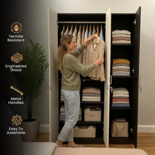 Image of GRATUS 3 Door Wardrobe - Compact Engineered Wood Cupboard Without Drawer for Clothes Storage, Modern Bedroom Organizer - 180 x 105.5 x 45 cm Wenga White