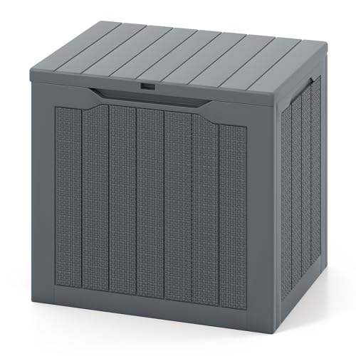GIANTEX Baúl de Almacenamiento de Exterior de 96 L, Arcón Impermeable con Tapa con Cerradura y Textura Trenzada de Ratán, 56 x 41 x 50,5 cm, Caja Multifuncional para Jadín, Patio, Terraza (Gris)
