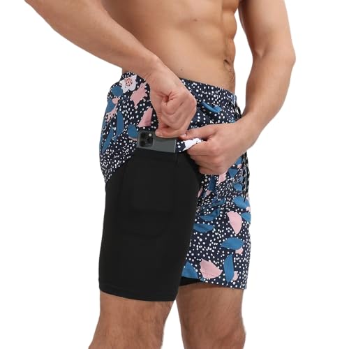 DMMWCX Men's Boxer Briefs with Compression Lining Elastic 2 in 1 Quick Dry Running Fitness Swim Shorts-012-S