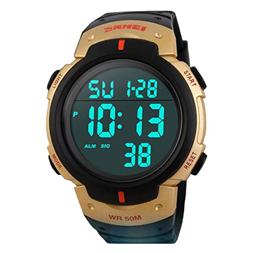 Reloj Digital de Cuarzo Japonés para Hombre con Correa de Caucho Reloj Deportivo Luminoso Funciones de Cronómetro Reloj de Pulsera (Gold) Cover
