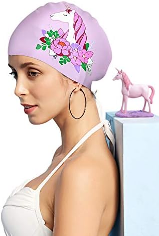 FUNOWN Silicone Swim Cap for Women, Waterproof Long Hair Swimming Caps Special Printed 3D Ergonomic Design Comfortable…