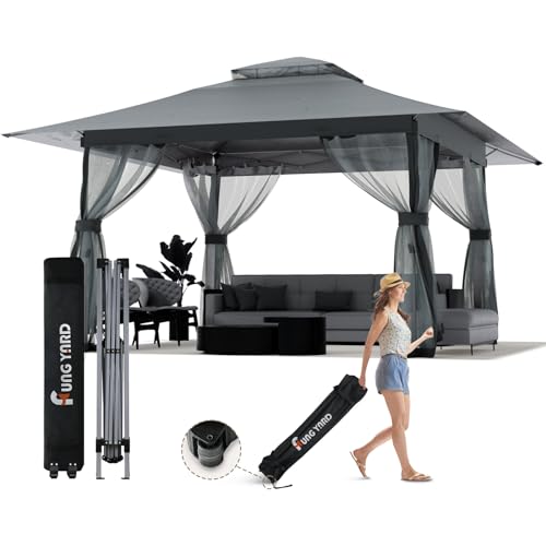 13x13 Outdoor Patio Gazebo with Mosquito Nettings - Double Roof Pop Up Canopy Tent with Wheeled Carry Bag for Backyard Deck Lawns Garden (Gray 13X13)