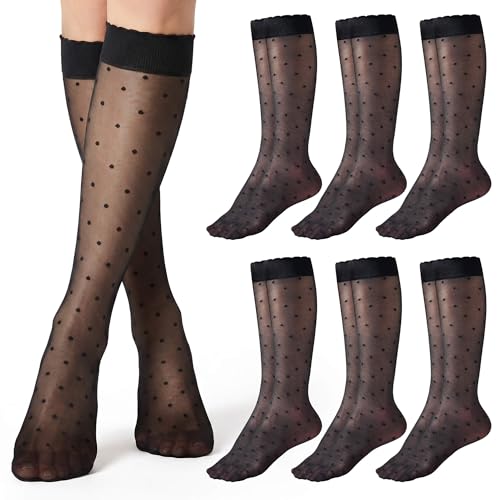 Jeasona Polka Dot Knee High Ruffle Sheer Socks for Women 6 Pairs