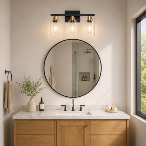 Image of Ascher Bathroom Vanity Light Fixtures, 3 Light Wall Sconces Lighting with Clear Glass Shade, Black and Gold Wall Lights for Mirror, Kitchen, Living Room, Hallway, E26 Base (Bulbs Not Included)