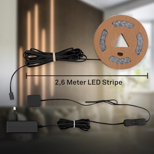 BRILONER - Pimp your Panel LED Strip Starterset, Warmweiß, Kabelschalter, Streifen, Leiste, Zimmer Deko, Band, Zubehör Akustikpaneele, Lichtleiste, Lichtband, 2,6m, Weiß