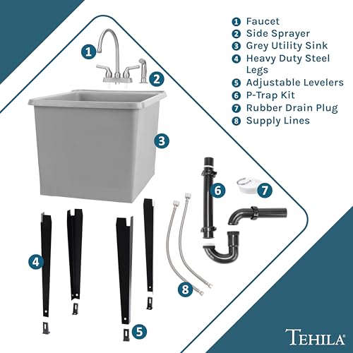 Image of Grey Space Saver Utility Sink by JS Jackson Supplies, Freestanding Tehila Space Saving Laundry Tub, Stainless Steel Gooseneck Faucet with Side Sprayer