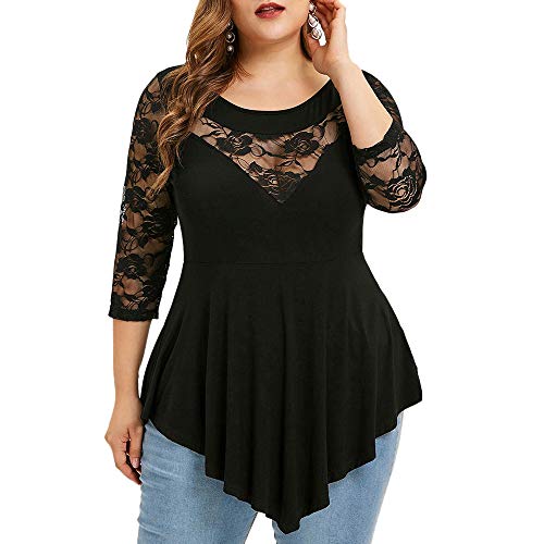 ROSE GAL Women Plus Size Peplum Blouse Lace Sheer T-Shirts Three Quarter Sleeves Tee Tops Black 5XL