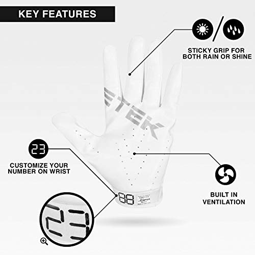 Elitetek Kids Rg-14 Super Tight Fitting Football Gloves - Youth Sizes - Easy Slip On Design No Wrist Strap (White, Youth M) #TOP2