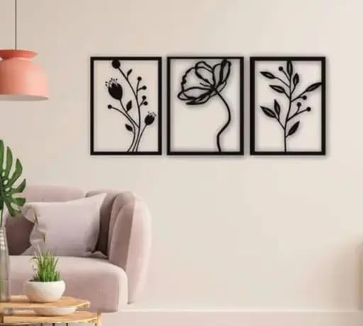 Kumawat Crafts Modern Wall Art Decor, 3-Piece Black Floral Botanical Frame Set, Wooden Wall Panels for Living Room-image-29