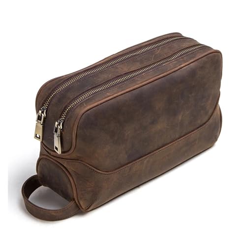 Trousse de toilette vintage en cuir homme café portable grand format pour cosmétiques
